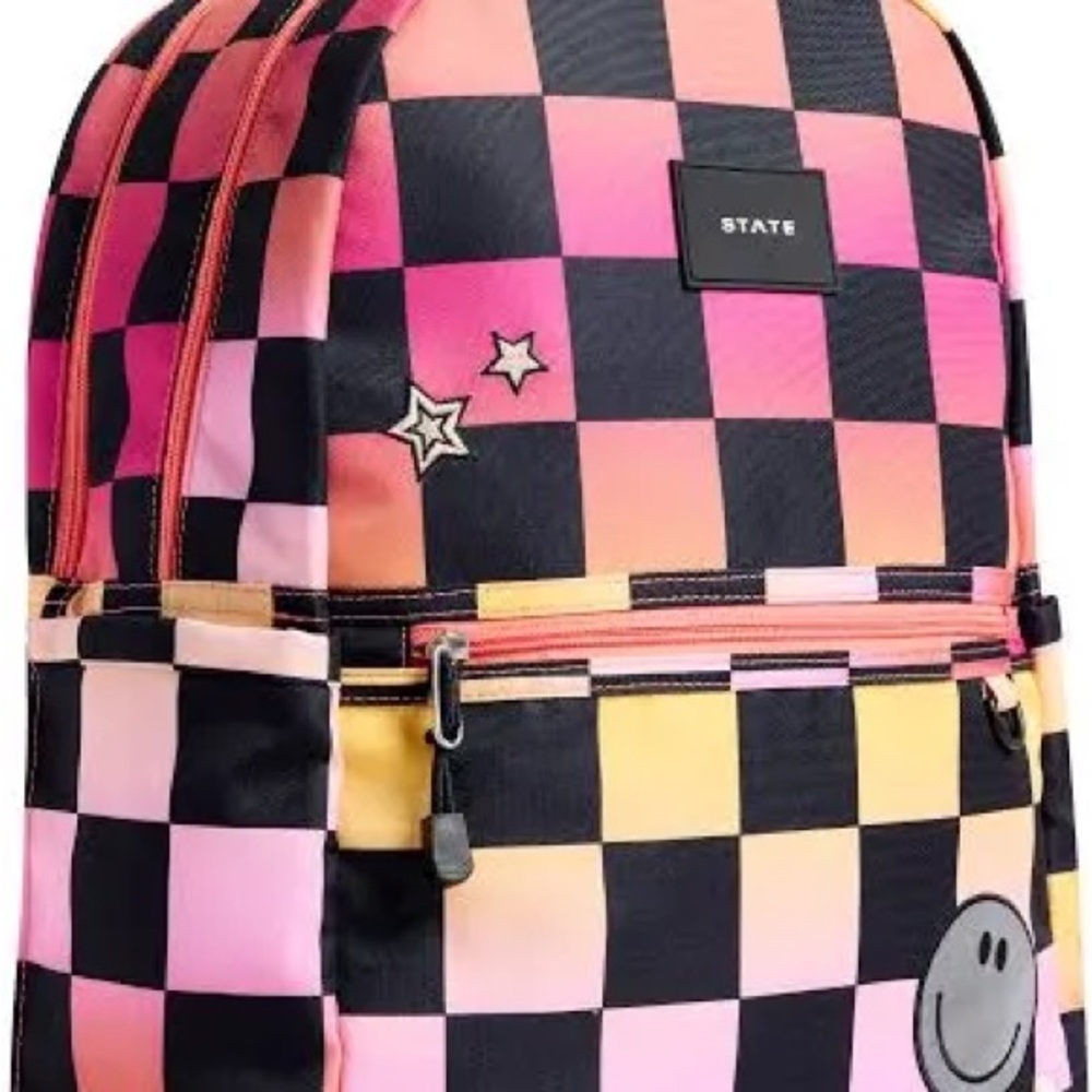 STATE Kane Double Zip Pink Checkered Backpack Book Bag NWT
